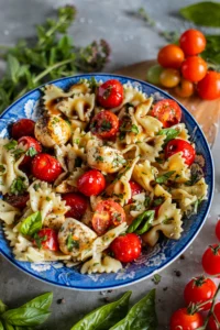 Fresh spring pasta salad with cherry tomatoes, mozzarella, basil, olive oil, and balsamic glaze.