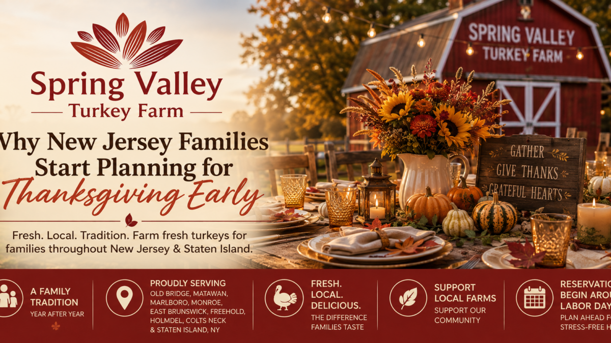 Thanksgiving-themed cover image for Spring Valley Turkey Farm featuring a rustic outdoor dinner table setup with autumn decorations, pumpkins, candles, and a red barn in the background in New Jersey.