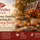 Thanksgiving-themed cover image for Spring Valley Turkey Farm featuring a rustic outdoor dinner table setup with autumn decorations, pumpkins, candles, and a red barn in the background in New Jersey.
