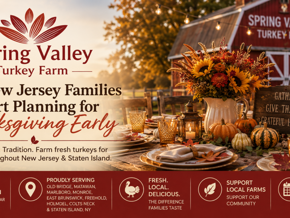 Thanksgiving-themed cover image for Spring Valley Turkey Farm featuring a rustic outdoor dinner table setup with autumn decorations, pumpkins, candles, and a red barn in the background in New Jersey.