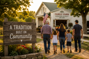 Multi-generational family walking together at a local farm, representing the tradition and community of New Jersey family farms.