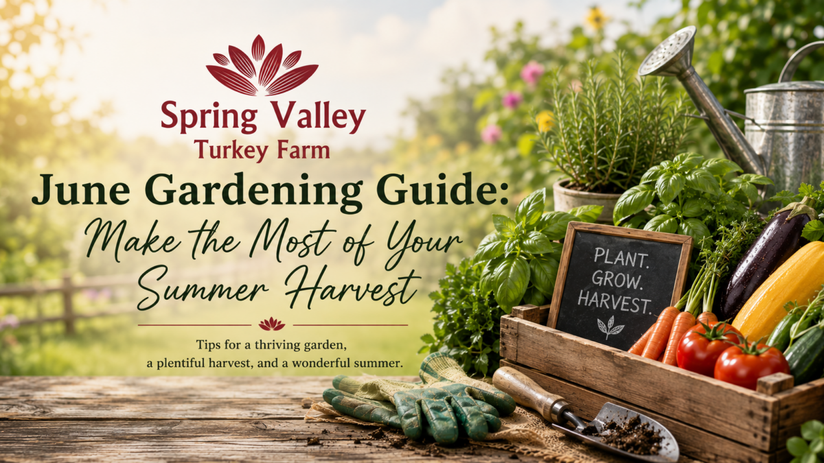 Spring Valley Turkey Farm June Gardening Guide banner featuring a summer vegetable garden with fresh tomatoes, carrots, squash, herbs, gardening tools, and a watering can. The image promotes home gardening, summer harvests, and local agriculture.