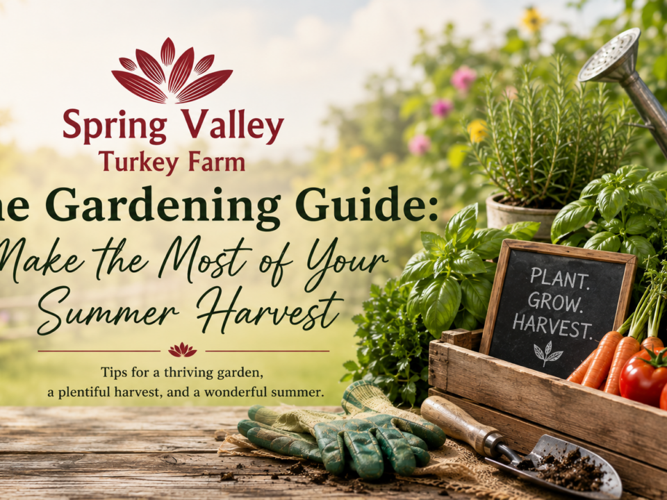 Spring Valley Turkey Farm June Gardening Guide banner featuring a summer vegetable garden with fresh tomatoes, carrots, squash, herbs, gardening tools, and a watering can. The image promotes home gardening, summer harvests, and local agriculture.