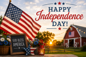 Happy Independence Day patriotic farm scene with an American flag, rustic red barn, and countryside landscape celebrating the Fourth of July in New Jersey.