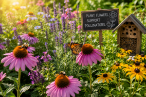 Colorful pollinator garden filled with coneflowers, black-eyed Susans, and lavender attracting bees and a monarch butterfly on a sunny summer day.