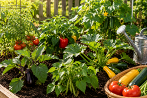 Healthy summer vegetable garden featuring tomatoes, peppers, cucumbers, squash, zucchini, eggplant, and green beans growing in rich soil under bright sunshine.
