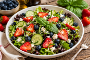 Fresh summer garden salad with lettuce, cucumbers, strawberries, blueberries, basil, and goat cheese made with seasonal New Jersey produce.