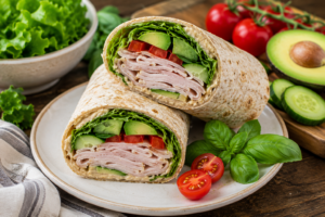 Fresh turkey garden wrap with lettuce, tomato, cucumber, avocado, basil, and hummus on a whole wheat wrap, made with seasonal ingredien