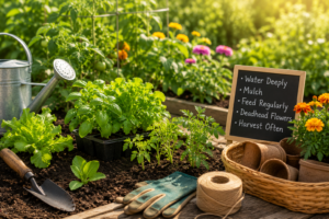 June gardening in New Jersey with raised garden beds, healthy vegetable plants, gardening tools, and fresh herbs growing in a sunny backyard.