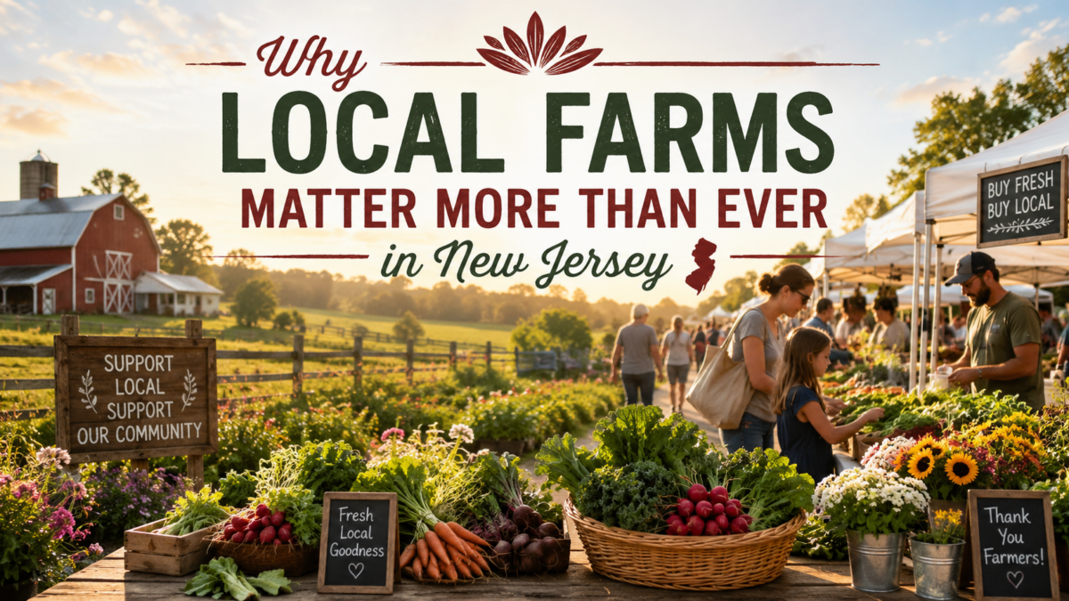 Farmers market in New Jersey featuring fresh local produce, family-owned farms, community vendors, and shoppers supporting local agriculture.