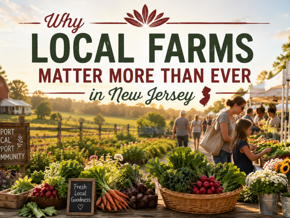 Farmers market in New Jersey featuring fresh local produce, family-owned farms, community vendors, and shoppers supporting local agriculture.