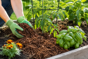 Gardener spreading organic mulch around tomato plants and herbs in a raised garden bed to help retain moisture, suppress weeds, and improve soil health.