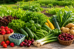 Fresh New Jersey fruits and vegetables in season during June, including strawberries, blueberries, cucumbers, lettuce, peas, herbs, and potatoes.