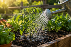 Watering can gently soaking a young tomato plant in a raised garden bed during early morning sunlight, demonstrating deep watering techniques for healthy root growth and summer gardening success.