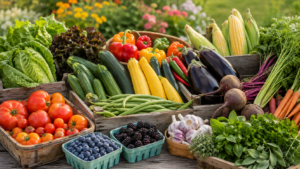 Fresh New Jersey summer produce displayed in rustic crates, including tomatoes, cucumbers, zucchini, squash, peppers, corn, eggplant, beets, carrots, lettuce, berries, herbs, and garlic.