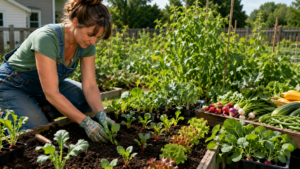 A gardener plants vegetable seedlings in a raised garden bed surrounded by summer crops and trays of young plants for late-summer and fall harvest.
