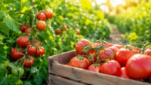 Ripe Jersey tomatoes growing on the vine beside a rustic wooden crate filled with freshly picked tomatoes in a sunny summer garden.