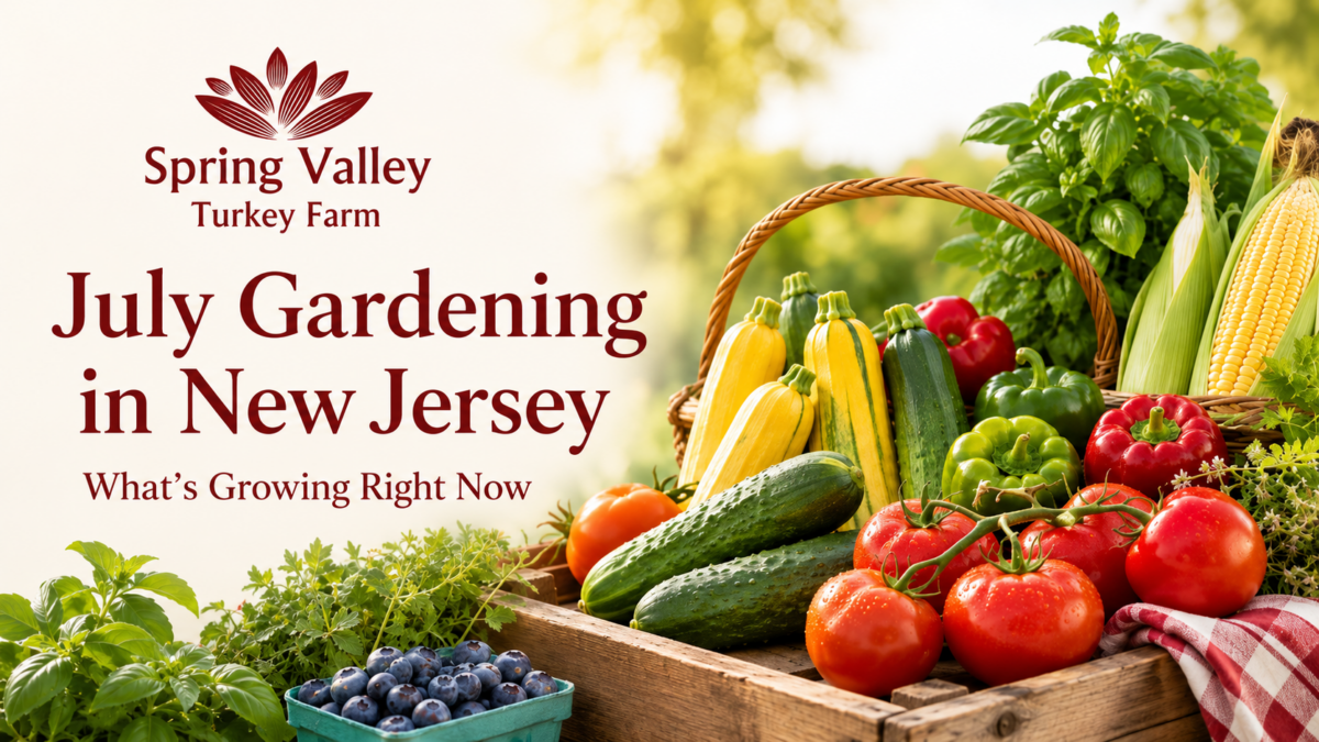 July gardening in New Jersey with fresh tomatoes, cucumbers, zucchini, peppers, corn, blueberries, and herbs beside the Spring Valley Turkey Farm logo.