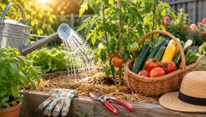 A sunlit New Jersey vegetable garden with a watering can, mulched raised bed, tomato plants, gardening tools, and a basket of freshly harvested tomatoes, zucchini, squash, and peppers.