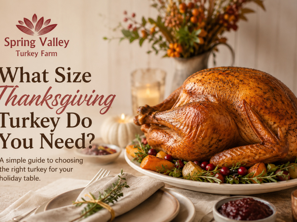 Roasted Thanksgiving turkey on an elegant fall table with the Spring Valley Turkey Farm logo and turkey size guide headline.