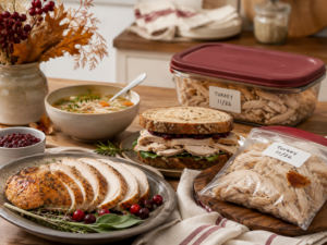 Thanksgiving turkey leftovers arranged with sliced turkey, a turkey sandwich, soup, and labeled storage containers.