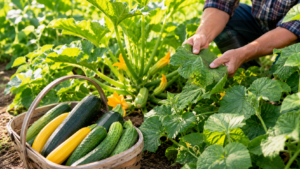 A gardener inspects cucumber and squash leaves beside a basket filled with freshly harvested cucumbers, zucchini, and yellow summer squash in a sunny vegetable garden.