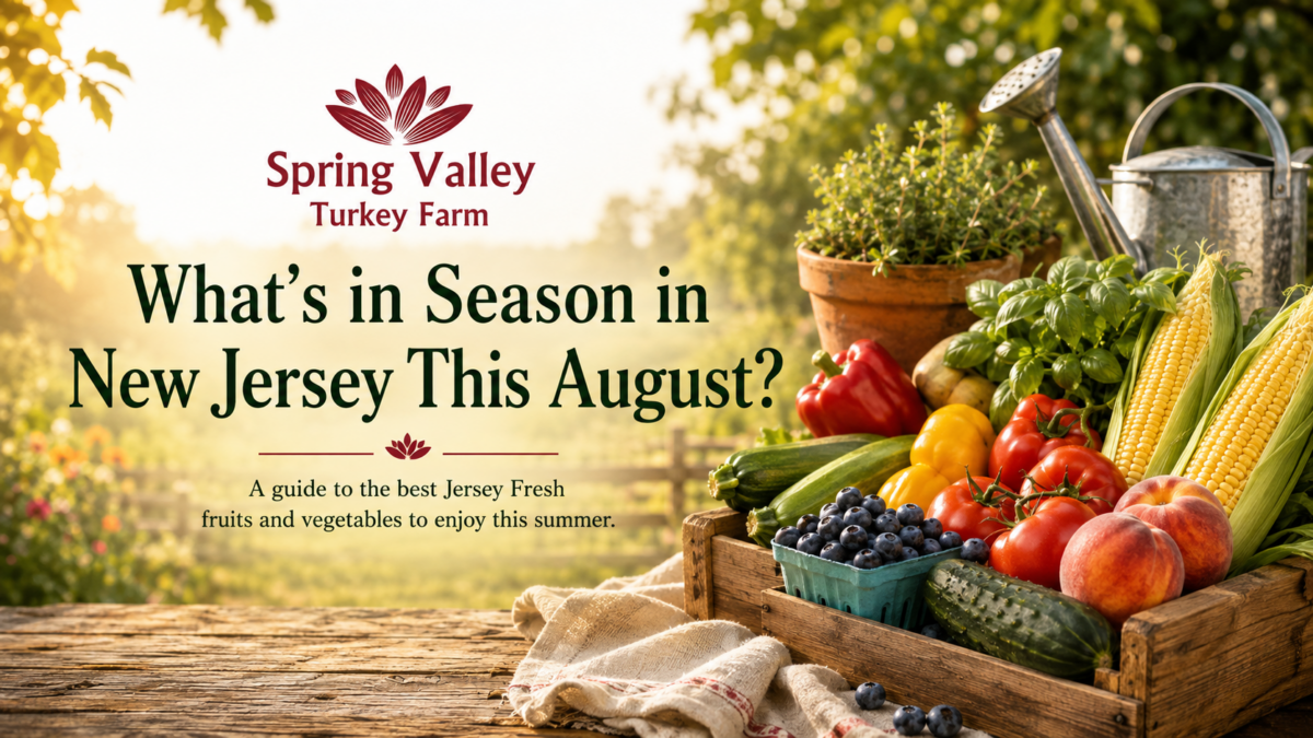 What’s in season in New Jersey in August, featuring Jersey Fresh tomatoes, corn, peaches, blueberries, cucumbers and peppers with the Spring Valley Turkey Farm logo.