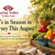 What’s in season in New Jersey in August, featuring Jersey Fresh tomatoes, corn, peaches, blueberries, cucumbers and peppers with the Spring Valley Turkey Farm logo.