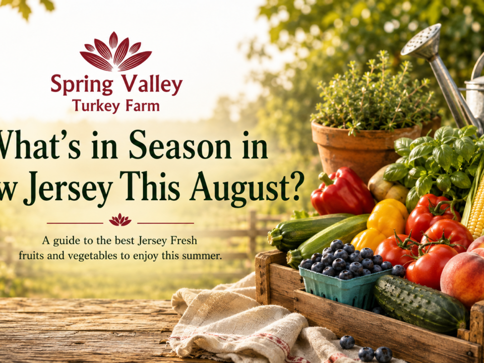 What’s in season in New Jersey in August, featuring Jersey Fresh tomatoes, corn, peaches, blueberries, cucumbers and peppers with the Spring Valley Turkey Farm logo.