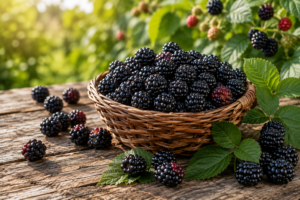 Fresh New Jersey blackberries in a wicker basket on a rustic wooden table with blackberry plants in the background.