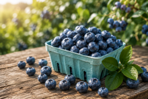 Fresh New Jersey blueberries in a market basket on a rustic wooden table with blueberry plants in the background.