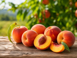 Fresh New Jersey peaches, including whole and sliced peaches, displayed on a rustic wooden table in a sunlit orchard.