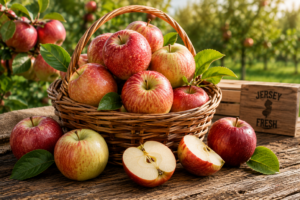 Fresh early-season New Jersey apples in a wicker basket with sliced apples on a rustic wooden table in a sunny orchard.