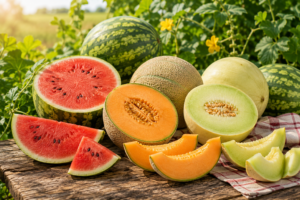 Fresh watermelon, cantaloupe and honeydew melons displayed on a rustic wooden table in a sunny summer field.