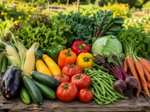 Fresh New Jersey summer vegetables, including Jersey tomatoes, sweet corn, cucumbers, bell peppers, eggplant, zucchini, squash, green beans, beets, carrots, cabbage and leafy greens.