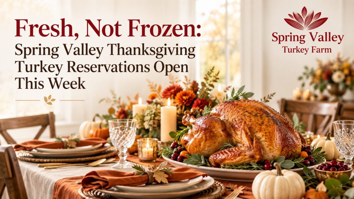 Fresh Thanksgiving turkey centerpiece on an elegant fall table with Spring Valley Turkey Farm branding and 2026 reservation announcement.