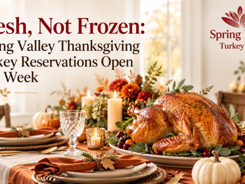 Fresh Thanksgiving turkey centerpiece on an elegant fall table with Spring Valley Turkey Farm branding and 2026 reservation announcement.